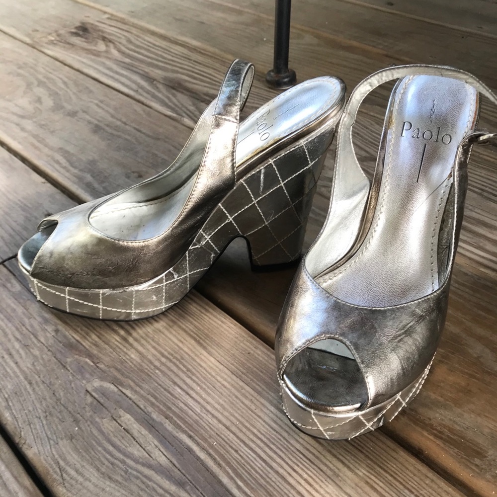 LINEA PAOLO peep-toe platform slingback wedge in Metallic Silver